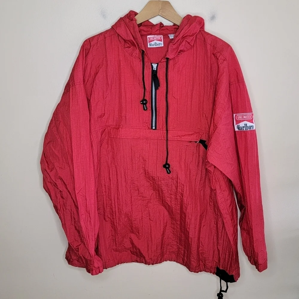 90s Vintage Marlboro | Red Windbreaker Pullover Nylon Jacket Collapses into Bag - Picture 1 of 11